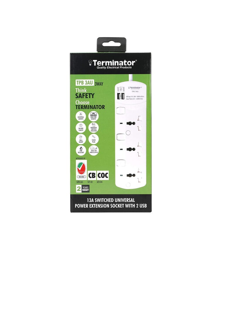 Terminator Extension 3G/3M +2 USB TPB 3AU Universal Socket With Individual Switches & Indicators Terminator Multicolor TRZ TPB 3AU Extension Socket  - Image 2