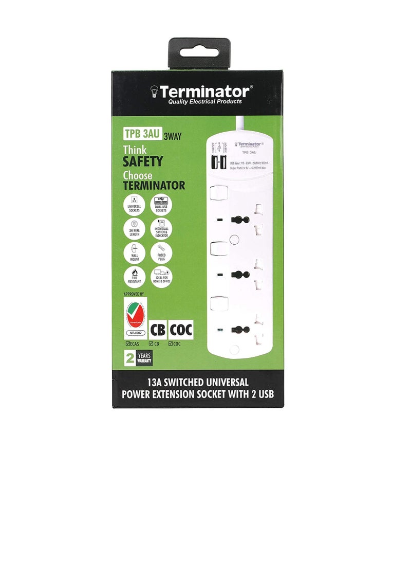Terminator Extension 3G/3M +2 USB TPB 3AU Universal Socket With Individual Switches & Indicators Terminator Multicolor TRZ TPB 3AU Extension Socket  - Image 3
