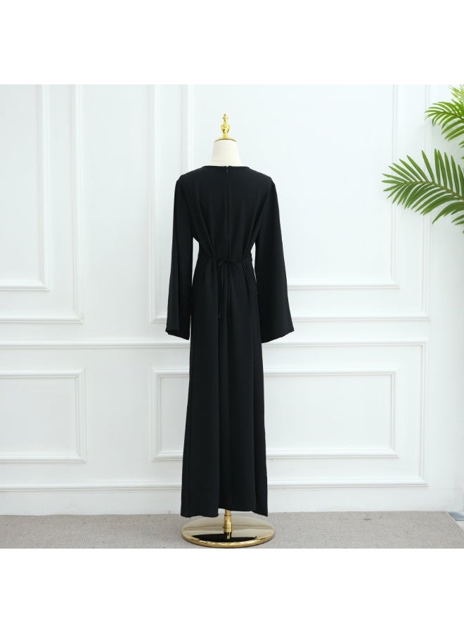 Women Solid Round Neck Wrap Abaya Dress Flared Sleeve Rhinestone Buckle Loose Maxi Dress - Image 5