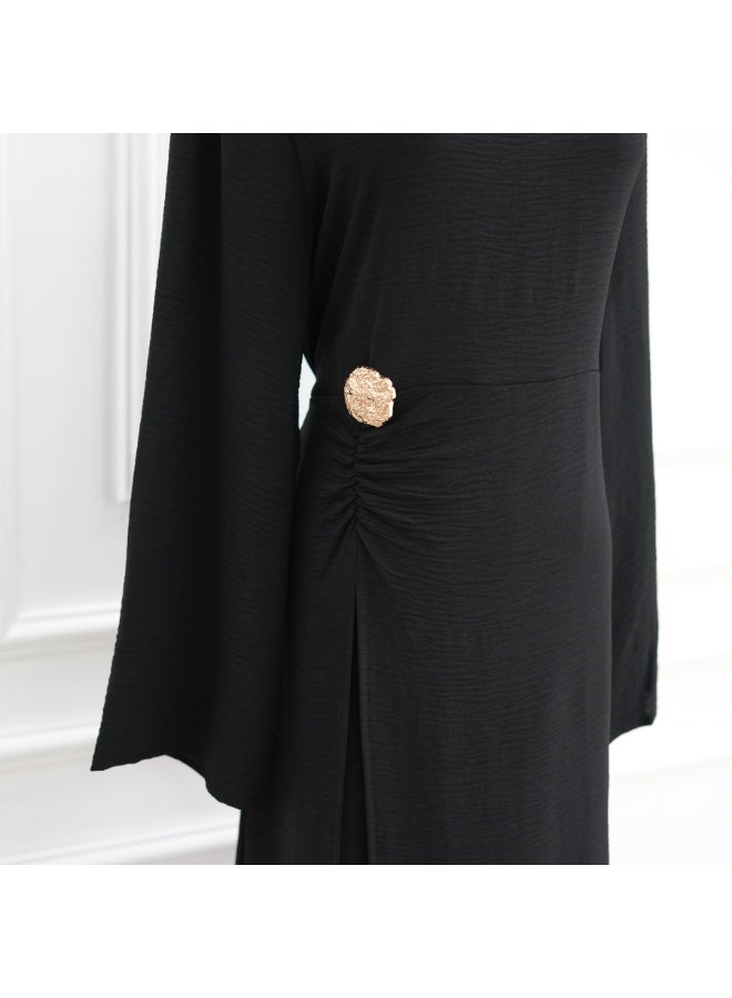 Women Solid Round Neck Wrap Abaya Dress Flared Sleeve Rhinestone Buckle Loose Maxi Dress - Image 4