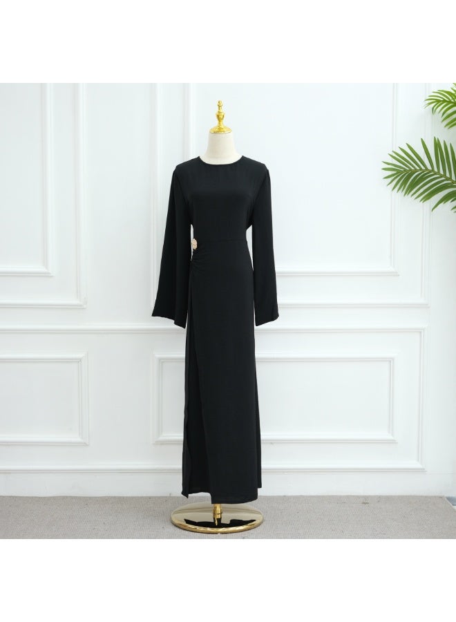 Women Solid Round Neck Wrap Abaya Dress Flared Sleeve Rhinestone Buckle Loose Maxi Dress - Image 2