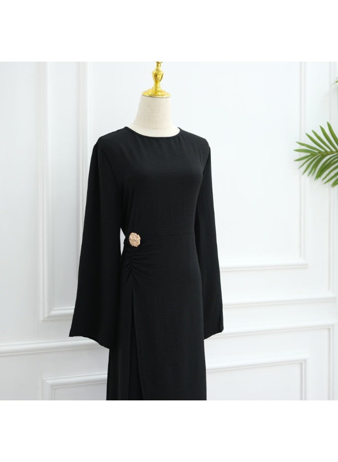 Women Solid Round Neck Wrap Abaya Dress Flared Sleeve Rhinestone Buckle Loose Maxi Dress - Image 3