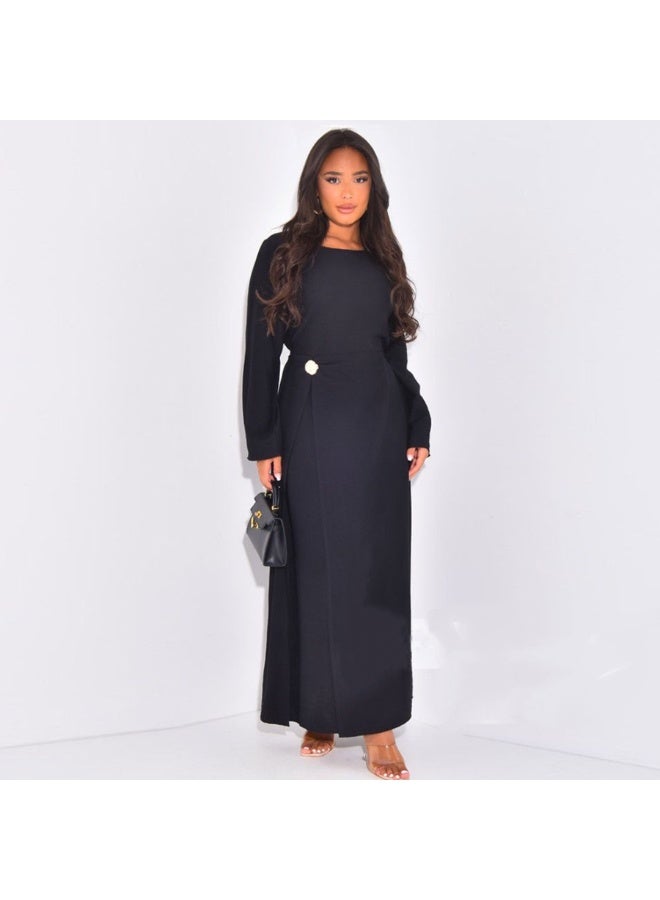 Women Solid Round Neck Wrap Abaya Dress Flared Sleeve Rhinestone Buckle Loose Maxi Dress - Image 1