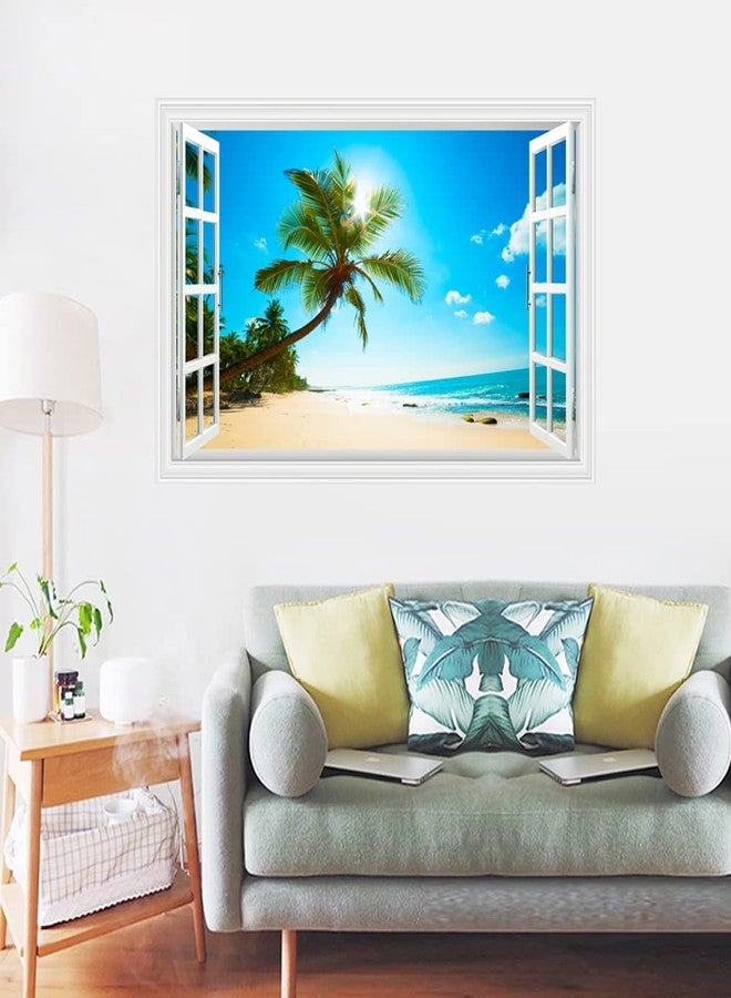 Kiddale Fake Windows Wall Sticker, Removable 3D Beach Seascape Faux Windows Wall Decals for Bedroom Living Room Decoration,27.5"x17.3" - Image 3