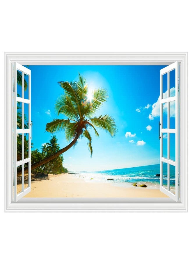 Kiddale Fake Windows Wall Sticker, Removable 3D Beach Seascape Faux Windows Wall Decals for Bedroom Living Room Decoration,27.5"x17.3" - Image 1