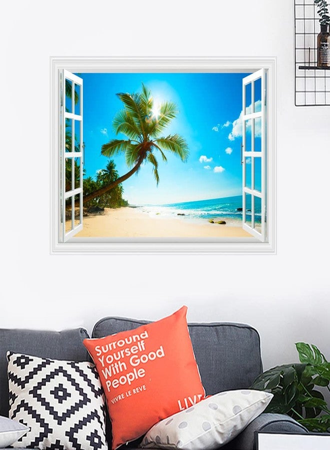 Kiddale Fake Windows Wall Sticker, Removable 3D Beach Seascape Faux Windows Wall Decals for Bedroom Living Room Decoration,27.5"x17.3" - Image 2