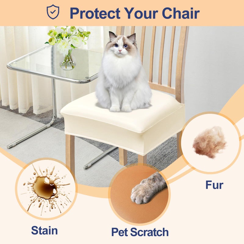 Smiry Waterproof Pu Leather Seat Covers for Dining Room Chairs Set of 6, Stretch Fit Removable Washable Kitchen Chair Seat Slipcovers Protector, No Rear Covers, Beige - Image 4