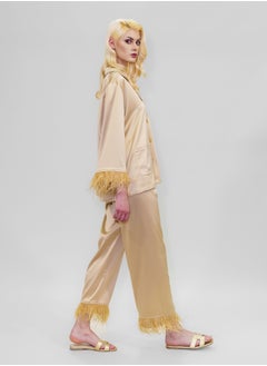 BITOLIA GALLERY Top and Pants Set Loungewear Taffeta Gold Natural Feathers  - Image 4