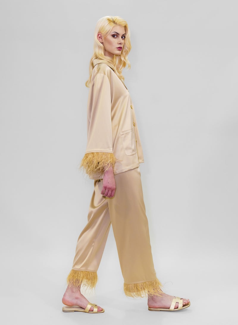 BITOLIA GALLERY Top and Pants Set Loungewear Taffeta Gold Natural Feathers  - Image 4