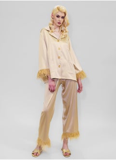 BITOLIA GALLERY Top and Pants Set Loungewear Taffeta Gold Natural Feathers  - Image 1