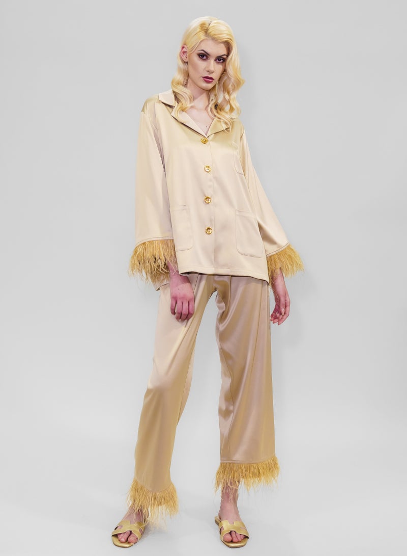 BITOLIA GALLERY Top and Pants Set Loungewear Taffeta Gold Natural Feathers  - Image 1