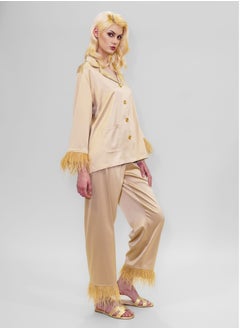 BITOLIA GALLERY Top and Pants Set Loungewear Taffeta Gold Natural Feathers  - Image 3