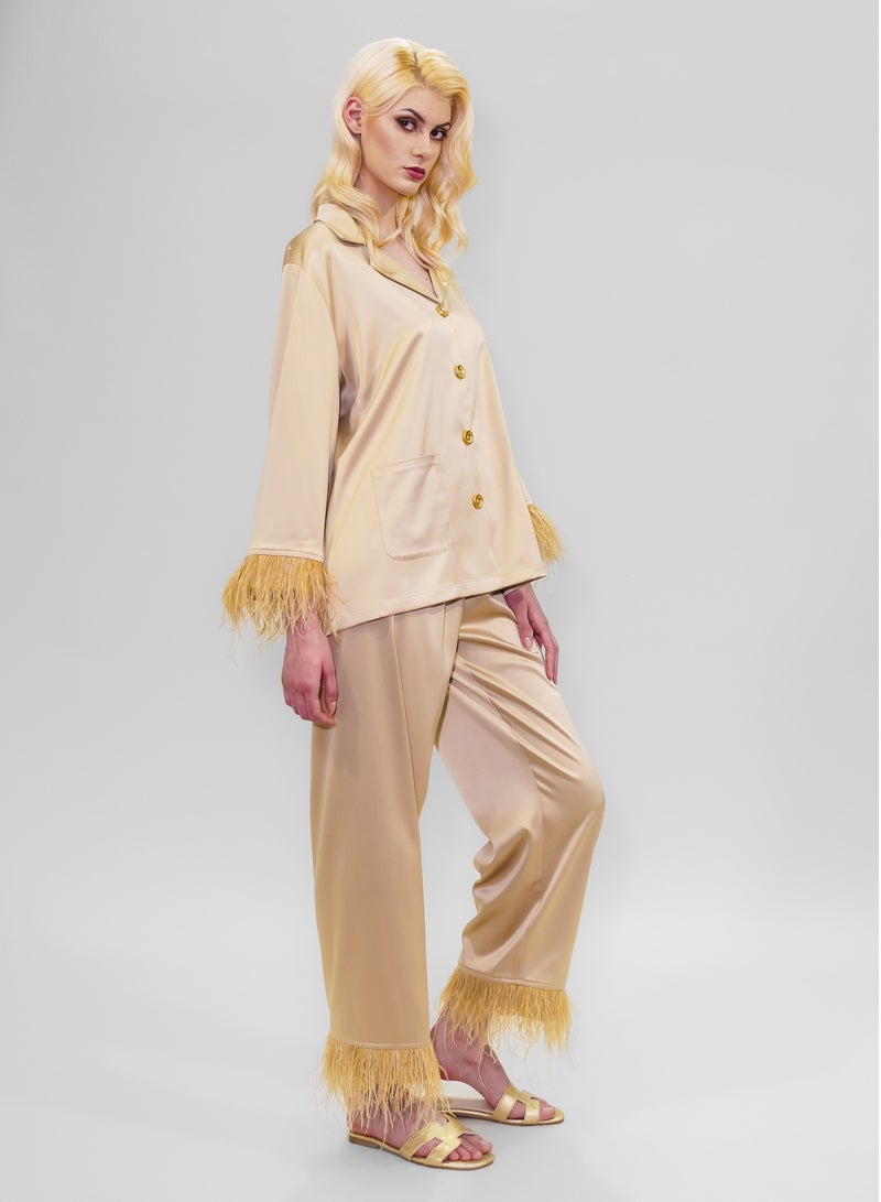 BITOLIA GALLERY Top and Pants Set Loungewear Taffeta Gold Natural Feathers  - Image 3