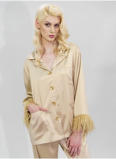 BITOLIA GALLERY Top and Pants Set Loungewear Taffeta Gold Natural Feathers  - Image 5