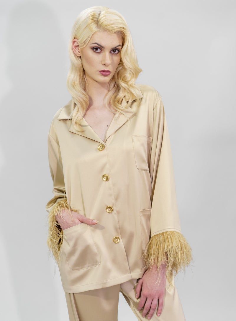 BITOLIA GALLERY Top and Pants Set Loungewear Taffeta Gold Natural Feathers  - Image 5