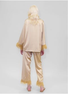 BITOLIA GALLERY Top and Pants Set Loungewear Taffeta Gold Natural Feathers  - Image 2