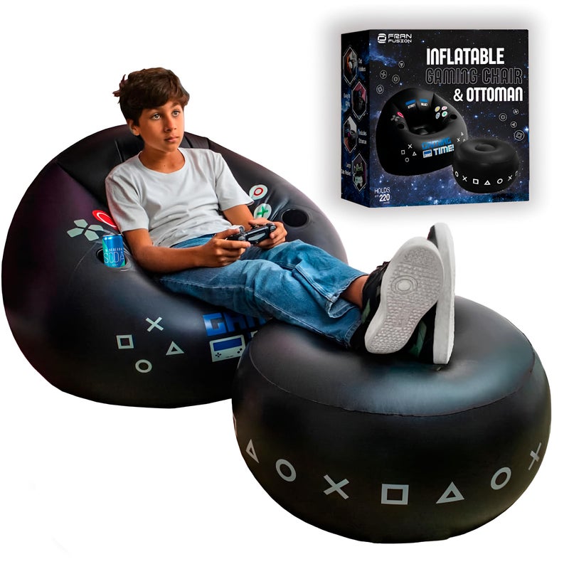 كرسي ألعاب FranFusion قابل للنفخ للأطفال والمراهقين مع حاملات أكواب وجيب جانبي - كرسي ألعاب Air Bean Bag هذا هو الأثاث المثالي لغرفة الألعاب (وقت اللعب مع العثماني) - Image 1