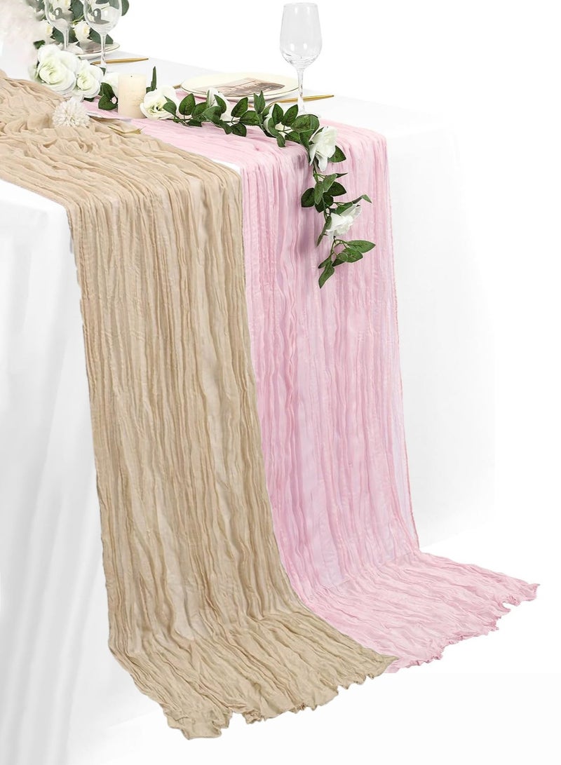 2 قطعة من قماش الجبن مفرش طاولة 90 × 300 سم، مفرش طاولة من الشاش باللون البيج والوردي الفاتح لحفلات الزفاف، وحفلات العرائس، وحفلات استقبال المولود الجديد، وحفلات أعياد الميلاد، ومفرش طاولة طويل مجعد، وزينة الحفلات - Image 1