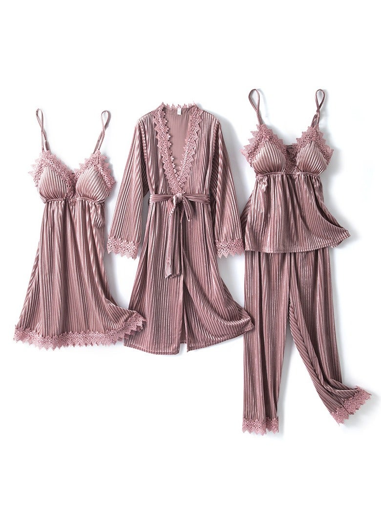 Women's Striped Gold Velvet Pajamas Four-Piece Set