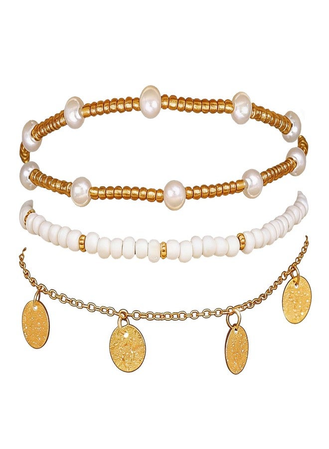 SKYFUN Ankle Bracelets for Women Stretch Boho Pearl Bead Gold Anklets Layered Sequins Foot Chain Hawaiian Beach Conch Summer Vacation Travel Foot Jewelry, 3PCS - Image 1