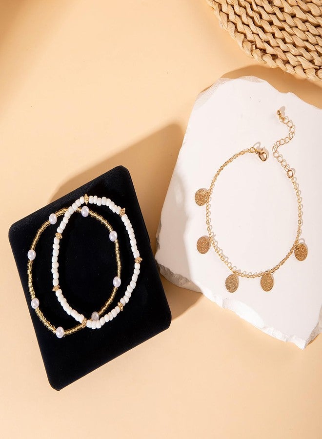 SKYFUN Ankle Bracelets for Women Stretch Boho Pearl Bead Gold Anklets Layered Sequins Foot Chain Hawaiian Beach Conch Summer Vacation Travel Foot Jewelry, 3PCS - Image 5