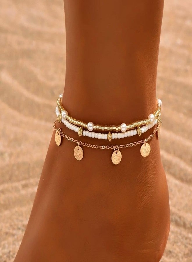 SKYFUN Ankle Bracelets for Women Stretch Boho Pearl Bead Gold Anklets Layered Sequins Foot Chain Hawaiian Beach Conch Summer Vacation Travel Foot Jewelry, 3PCS - Image 3
