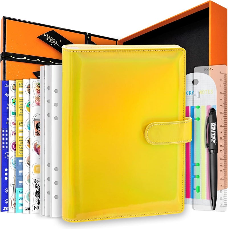 Zelten PU Leather Personal Notebook Planner with 80 Pages Loose-Leaf Papers 6 Holes Ring Binder Pen Holder Magnetic Buckle (Holographic Yellow, A5 Gift Box) - Image 1