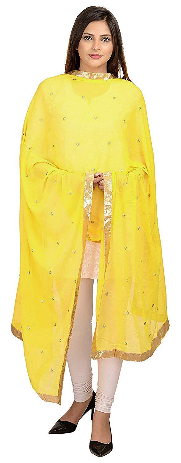 themilestocks Woman's Embroidered Chiffon Dupatta Scarf Shawl Wrap Soft Indian Bridal Wedding (Bright Yellow) - Image 2