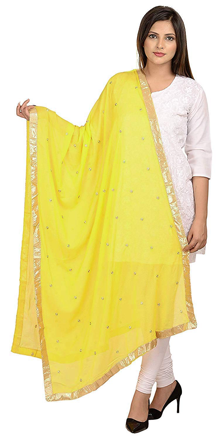 themilestocks Woman's Embroidered Chiffon Dupatta Scarf Shawl Wrap Soft Indian Bridal Wedding (Bright Yellow) - Image 1