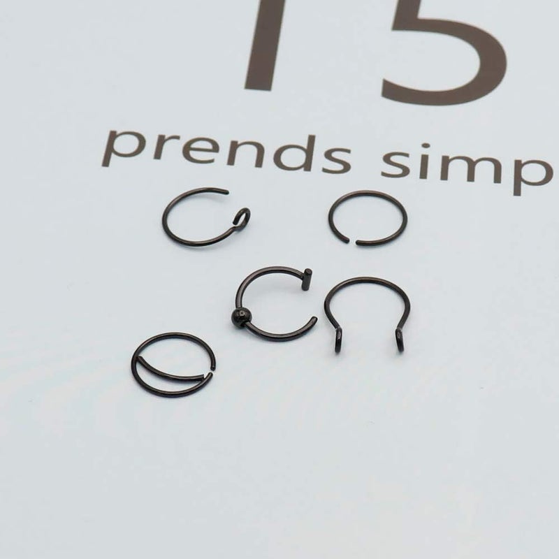 Earmark 20G 5Pcs Adjustable 8MM Fake Nose Rings Hoop in High Polished Surgical Steel | Diameter 8MM | Color Gold - Silver - Black - Rainbow - Image 2