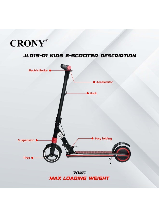 كروني سكوتر كهربائي للأطفال JL019 بشاشة LED، إطارات مقاس 7 بوصات، محرك 150 واط، بطارية 24V/2.5AH، سرعة 10–14 كم/س، مدى 3–5 كم، تصميم قابل للطي، خفيف الوزن وسهل الحمل، هيكل من الألمنيوم المتين بحمولة قصوى 70 كجم، إضاءة LED، وحامل هاتف، مناسب للأطفال من 6 إلى 12 سنة، مثالي للرحلات القصيرة واللعب اليومي والمغامرات الخارجية، باللون الأسود. - Image 2