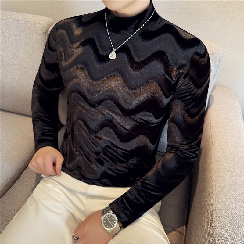 Men'S Clothing New Bottoming Shirt Gold Velvet Mid-Collar Long Sleeve T-Shirt Men'S Elastic Semi-High Collar Slim-Fit Inner T-Shirt