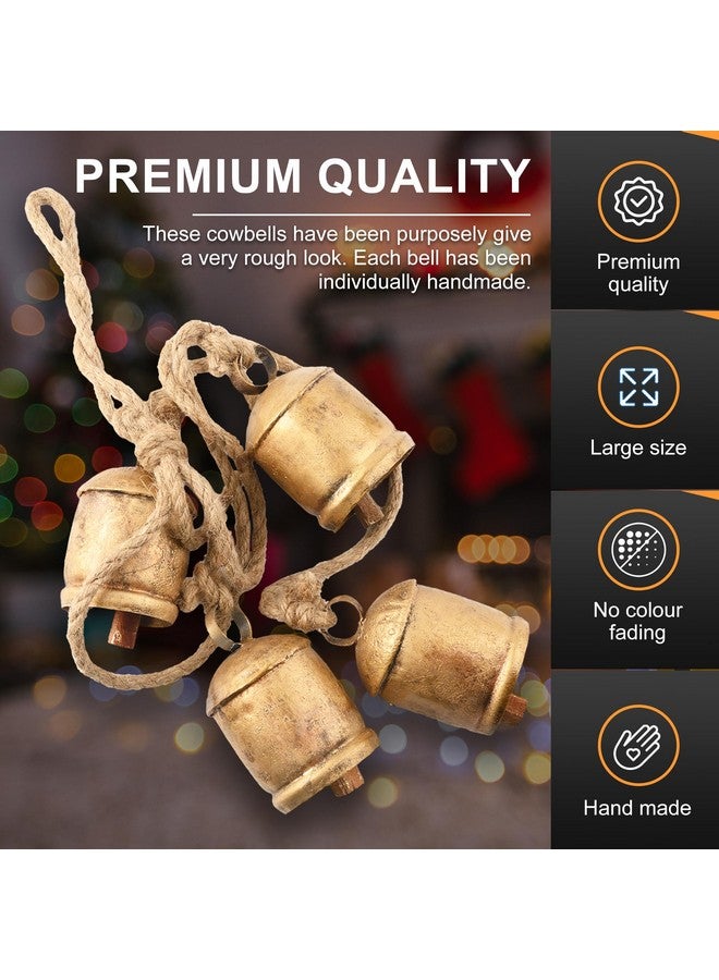 DIYANA IMPEX Christmas Bells - 4 Vintage Cluster Cow Bells on Rope, Hanging Decorative for Wall, Bedroom, Living Room, Door, Harmony Handmade Rustic (Gold) - Image 2