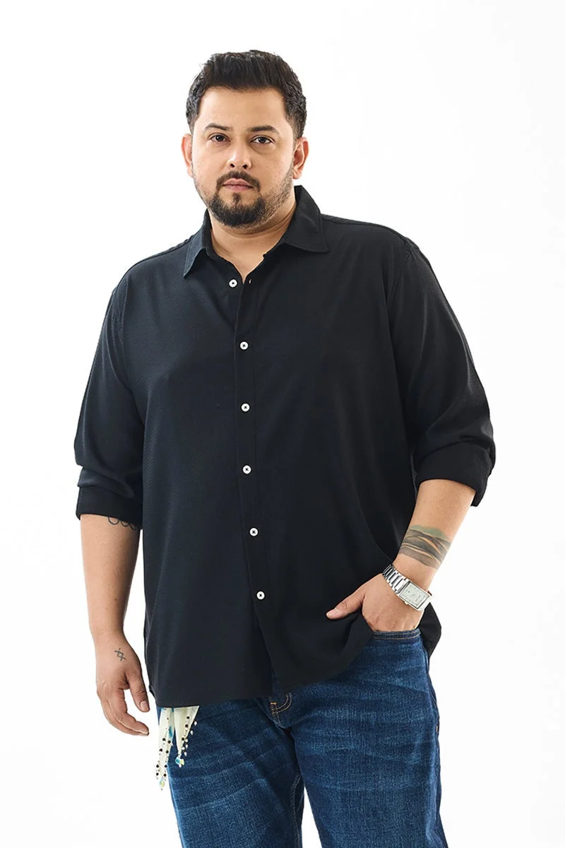 SNITCH Black Textured Long Sleeve Regular Fit Plus Size Shirt