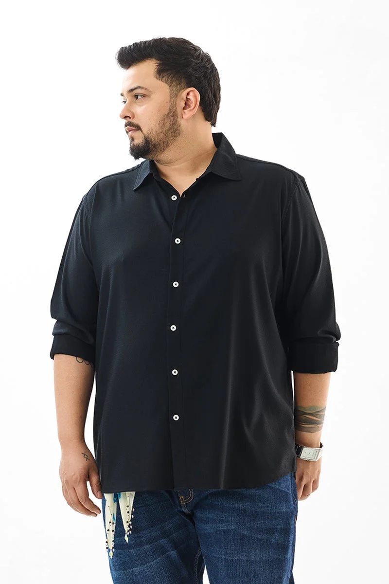 SNITCH Black Textured Long Sleeve Regular Fit Plus Size Shirt
