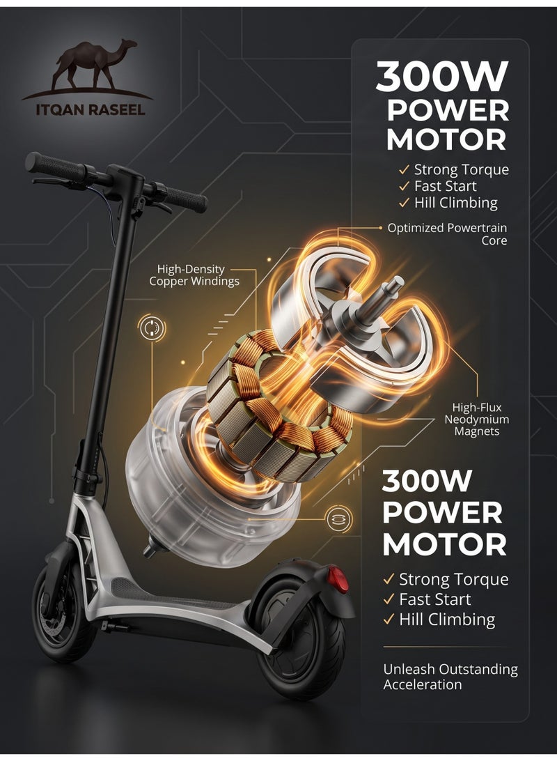 ITQAN RASEEL Portable E scooter、E-bike with an alumin00um alloy body, foldable dual-wheel design, equipped with an eco-friendly lead-acid battery that supports fast charging, 10-inch durable inflatable tires, maximum power of 300 watts, and a load capacity of 120 kg. - Image 5