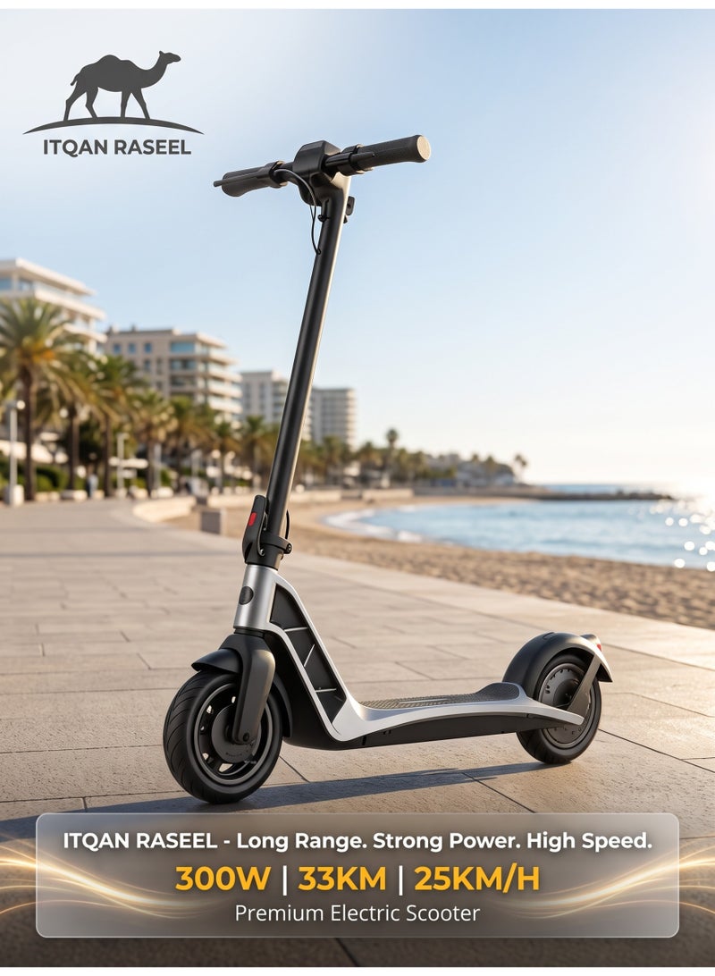 ITQAN RASEEL Portable E scooter、E-bike with an alumin00um alloy body, foldable dual-wheel design, equipped with an eco-friendly lead-acid battery that supports fast charging, 10-inch durable inflatable tires, maximum power of 300 watts, and a load capacity of 120 kg. - Image 2