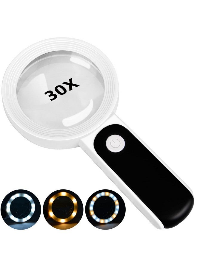 JMH Magnifying Glass With Light 30X Handheld Large Magnifying Glass 18Led Cold And Warm Light With 3 Modes Illuminated Lighted Magnifier For Seniors Reading Inspection Coins Jewelry Exploring - Image 1