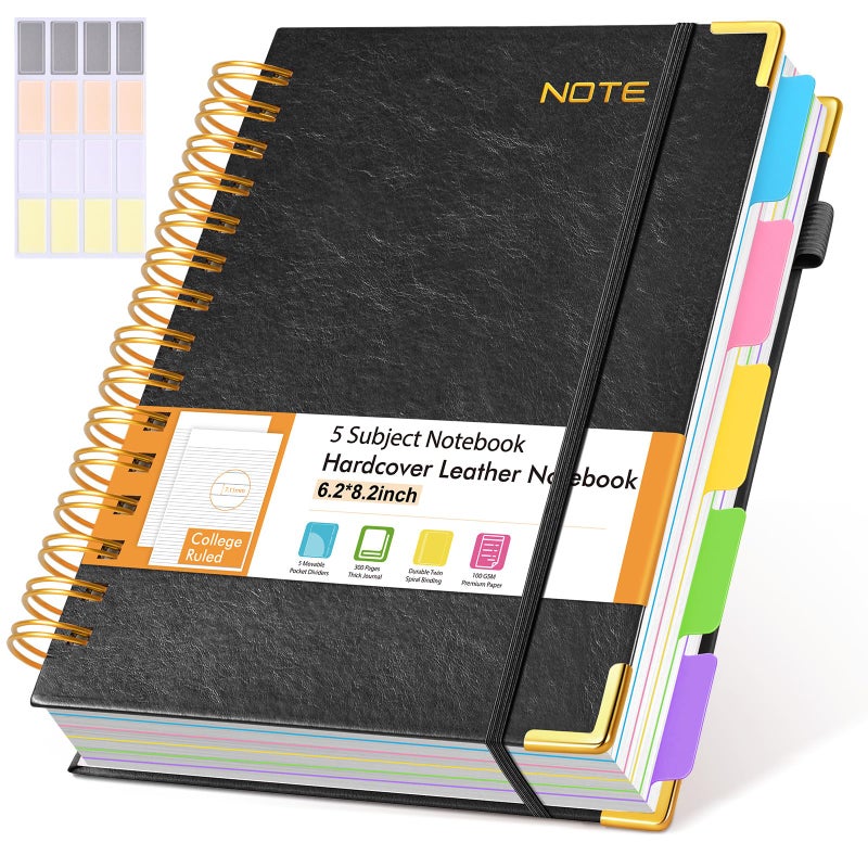 dilitego Hardcover Spiral Notebook with Removable Dividers Tabs, 300 pages Leather 5 Subject Notebook College Ruled, 6.2" x 8.2" Journal for Women Men, Small Notebooks for Work School Note taking,A5 Black - Image 1