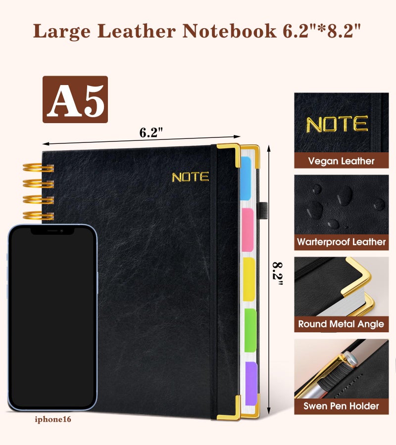 dilitego Hardcover Spiral Notebook with Removable Dividers Tabs, 300 pages Leather 5 Subject Notebook College Ruled, 6.2" x 8.2" Journal for Women Men, Small Notebooks for Work School Note taking,A5 Black - Image 2