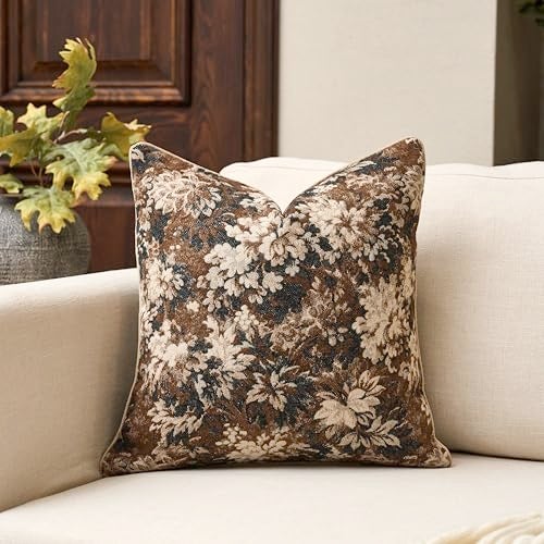 Yangest Neutral Floral Pillow Cover 18 x18 Inches Vintage Chenille Square Throw Pillow Cover Soft Decorative Farmhouse Accent Couch Pillow Cover for Living Room Bedroom Coffee Brown