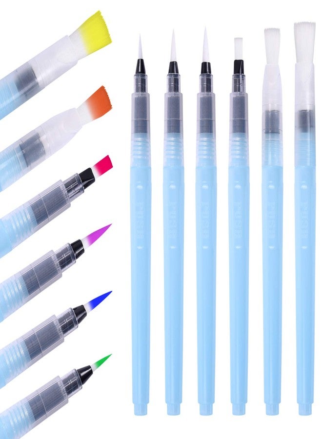 Wisdompro 6 Pcs Refillable Water Color Brush Pens - Point & Flat Tips (Small, Medium, Large) - Blue - Water Soluble Colored Pencil & Powdered Pigment Paint - Light Blue - Image 1