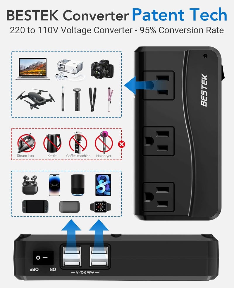 BESTEK محول سفر عالمي 220 فولت إلى 110 فولت مع محول جهد 6A و 4 منافذ USB وشاحن عالمي للمقابس (أسود) - Image 2