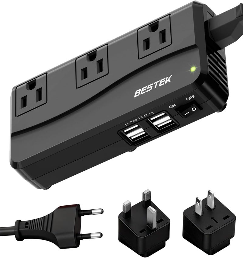 BESTEK محول سفر عالمي 220 فولت إلى 110 فولت مع محول جهد 6A و 4 منافذ USB وشاحن عالمي للمقابس (أسود) - Image 1