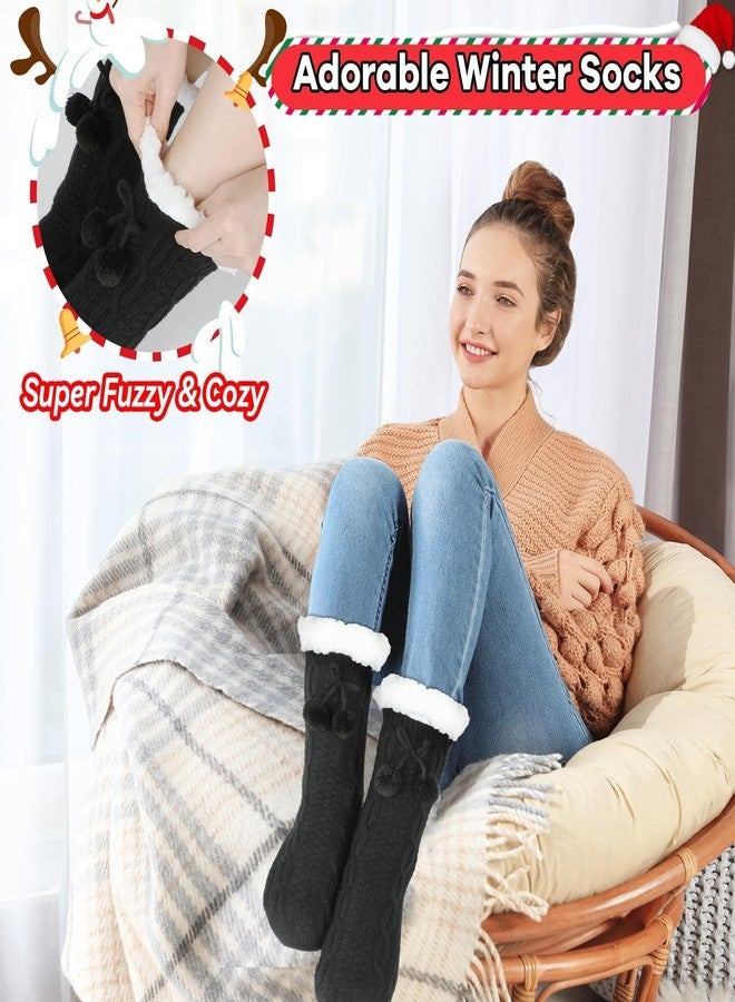 Lonfliness 2 pairs Women Slipper Fuzzy Grips Socks Fluffy Cozy Cabin Warm Winter Soft Thick Comfy Fleece Non Slip Home Socks for Women and Girls Christmas Gifts (Black) - Image 2