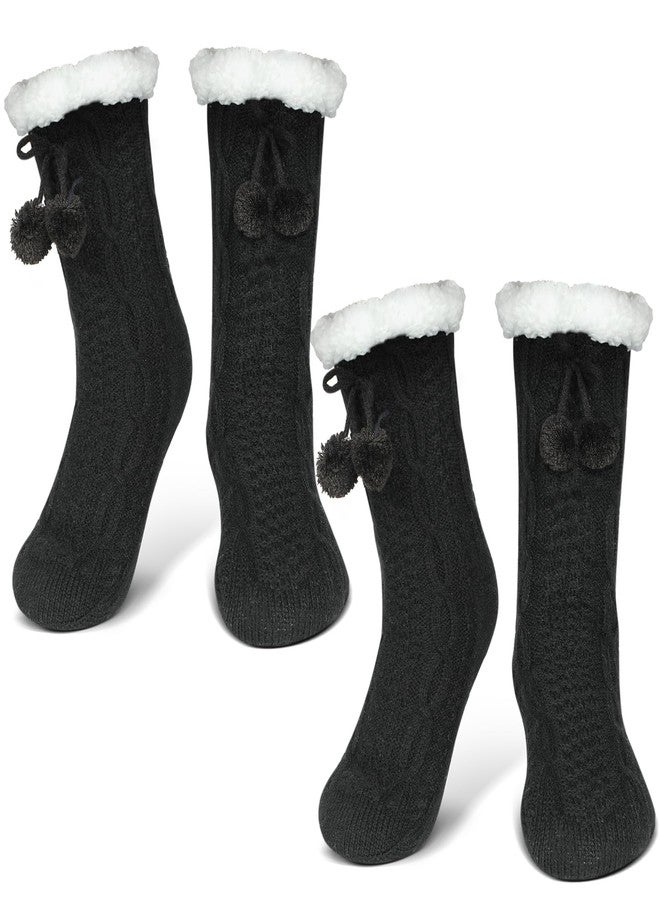 Lonfliness 2 pairs Women Slipper Fuzzy Grips Socks Fluffy Cozy Cabin Warm Winter Soft Thick Comfy Fleece Non Slip Home Socks for Women and Girls Christmas Gifts (Black) - Image 1