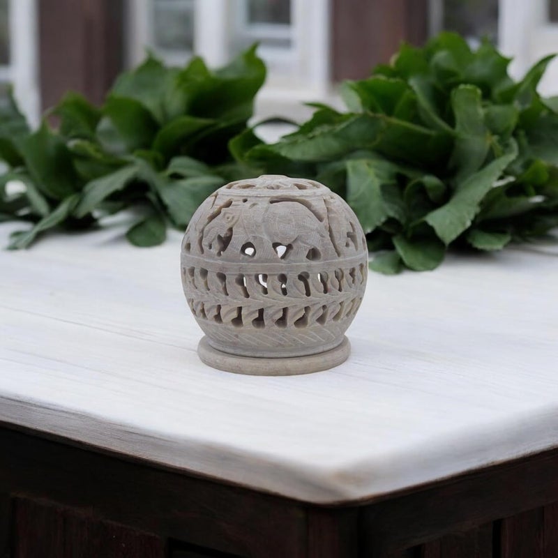 Natriel Elegant Soapstone TLight Holder Candle Holder Carvings Diwali Gift Aroma Oil Diffuser Decorative Showpiece Natural and Handmade Product from Artisan Elephant - Image 1