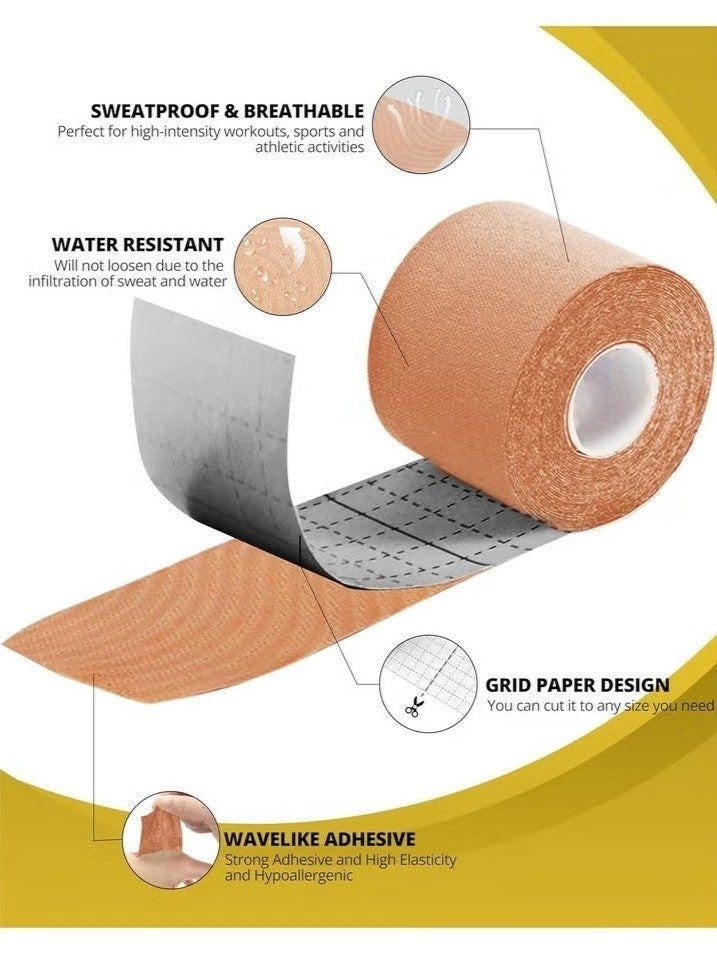 Arabest 4 Rolls Kinesiology Tape,Sweatproof,Elastic Athletic Tape for Muscle Pain Relief,5cm x 5 Meters Beige - Image 2