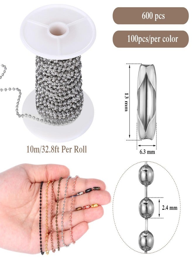 Canlierr 6 Pack Bead Chain 198 ft Ball Necklace Chains with 600 Pieces Matching Connectors Clasps for Jewelry Making, Necklace Hanging, Dog Tag, Bracelets, Keychain, DIY Crafts, 2.4 mm Diameter - Image 2