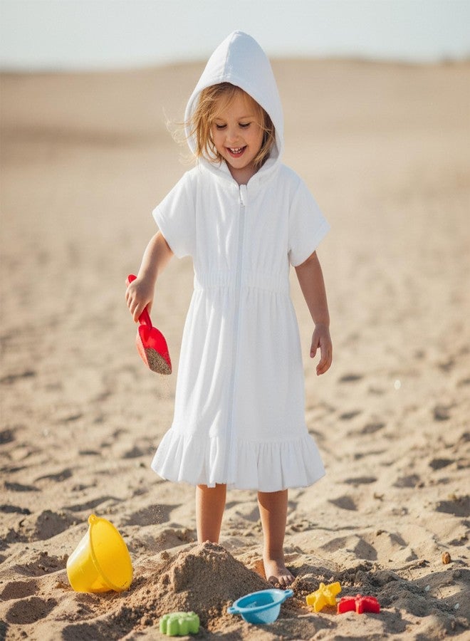 Multitrust Toddler Baby Girls Terry Swim Cover Up Ruffled Hooded Bathing Suit Coverup Zip Up Elastic Waist Beach Cover-Up (White, 1-2T) - Image 2